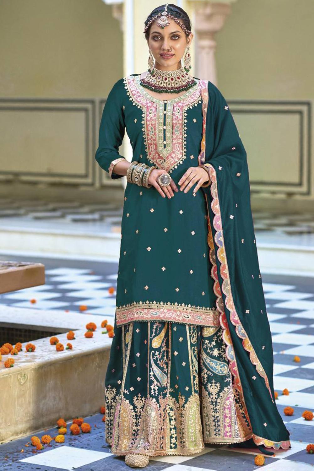 bottle green mehndi dress Chinnon Sharara Suit With Zari Work For atf-kg-08.01.25
