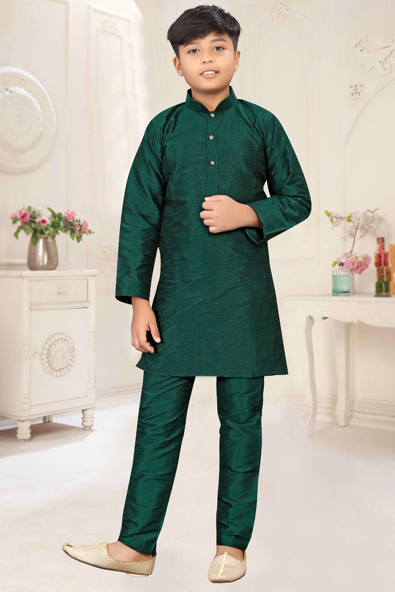 Bottle Green Dupion Silk Kids Kurta Pajama