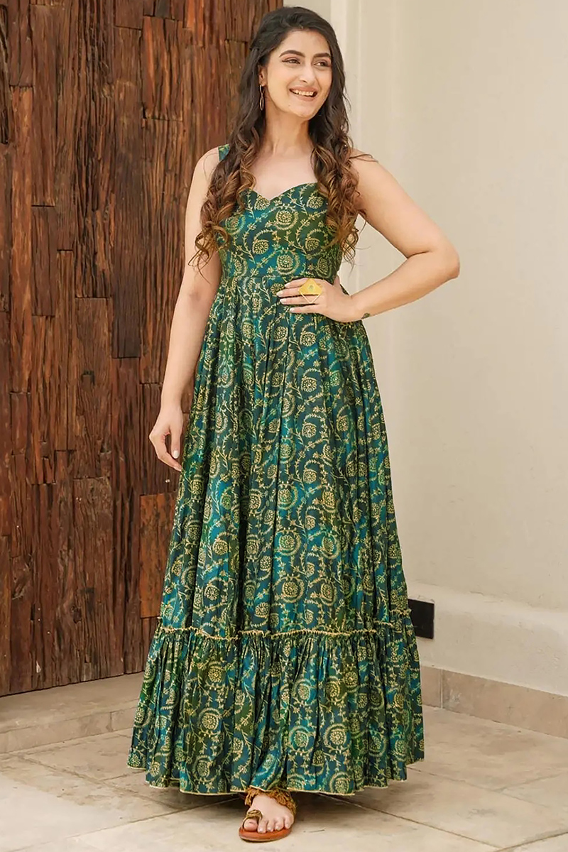 Andaaz Fashion Women's Bottle Green Ready to Wear Foil Print Rayon Long Gown