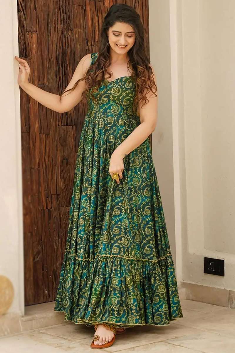 slim fit dress slacks Foil Leaf Short Sleeve Gown with Draped Details in Green Pine Gold main image 0
