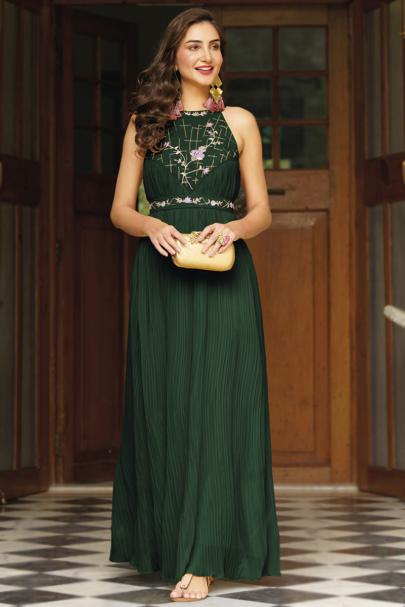 Gown in Bottle Green Embroidered Fabric LSTV120498
