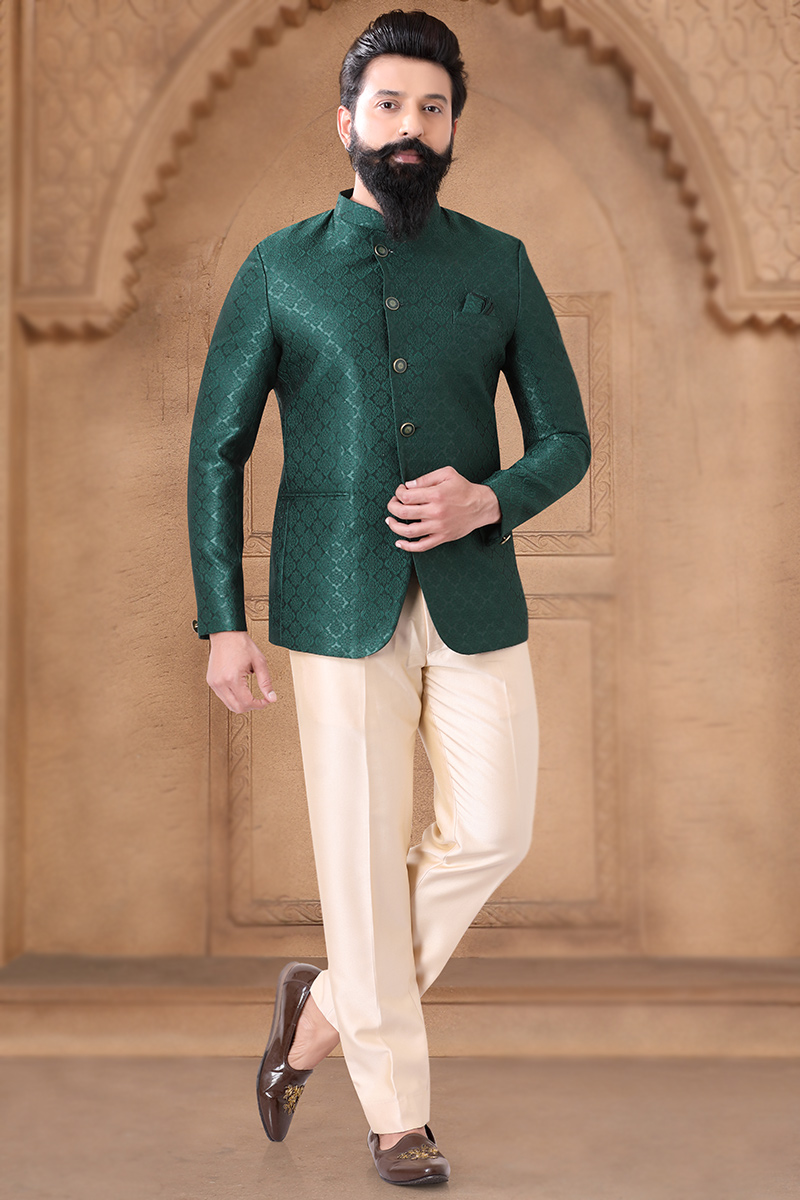 Bottle Green Jacquard Weaved Thread Jodhpuri Men's Coat Pant MSTV03854