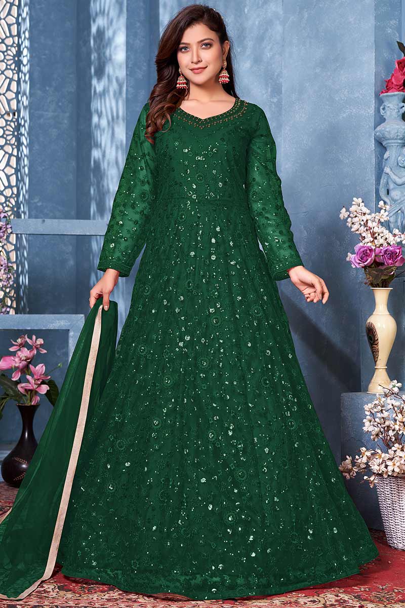 On Trend Thread Work Embroidered Bottle Green Anarkali Suit LSTV115748