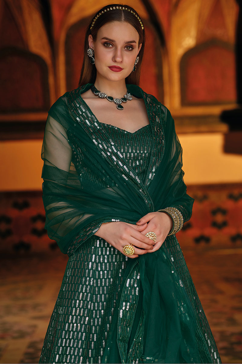 Evening Wear Bottle Green Lehenga with Sequins Work LLCV111797