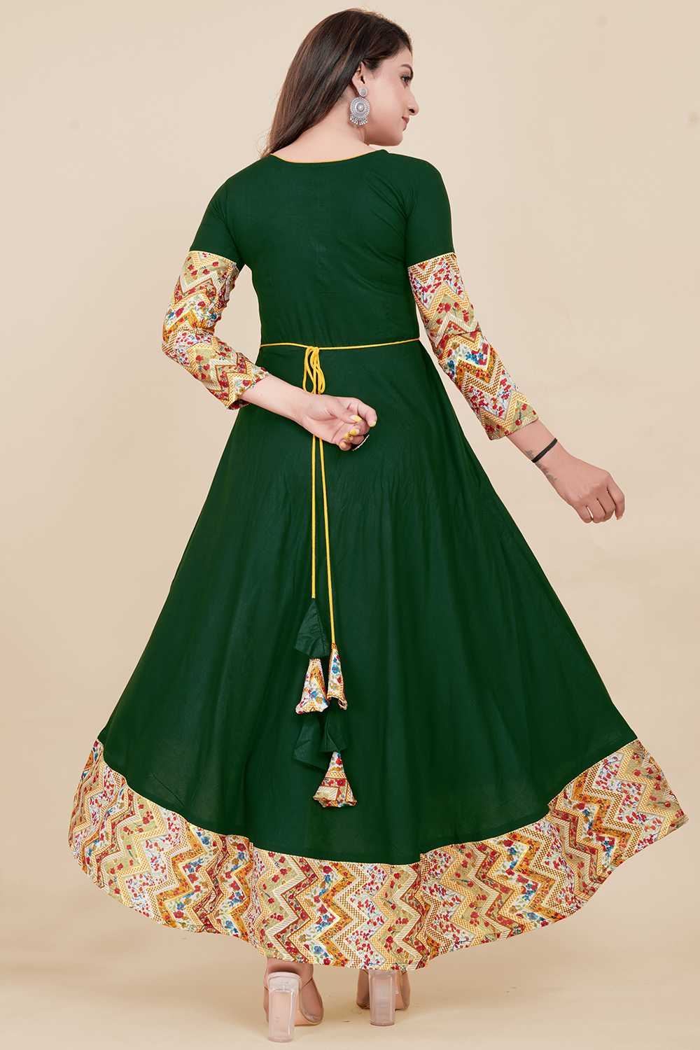 Bottle Green Rayon Printed A Line Style Gown LSTV130878