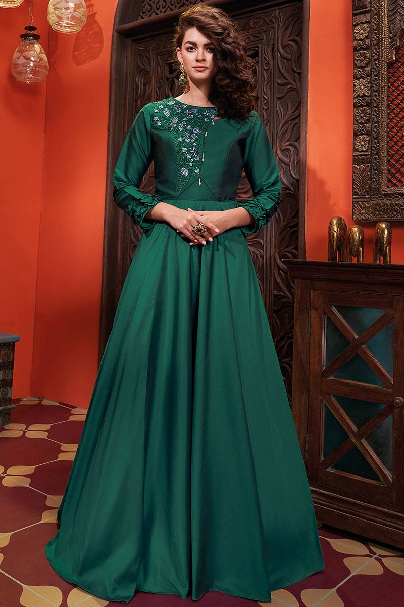 bottle green dress pakistani Buy Silk Anarkali Gown With Stone Work Online - LSTV05429 casual green dress design