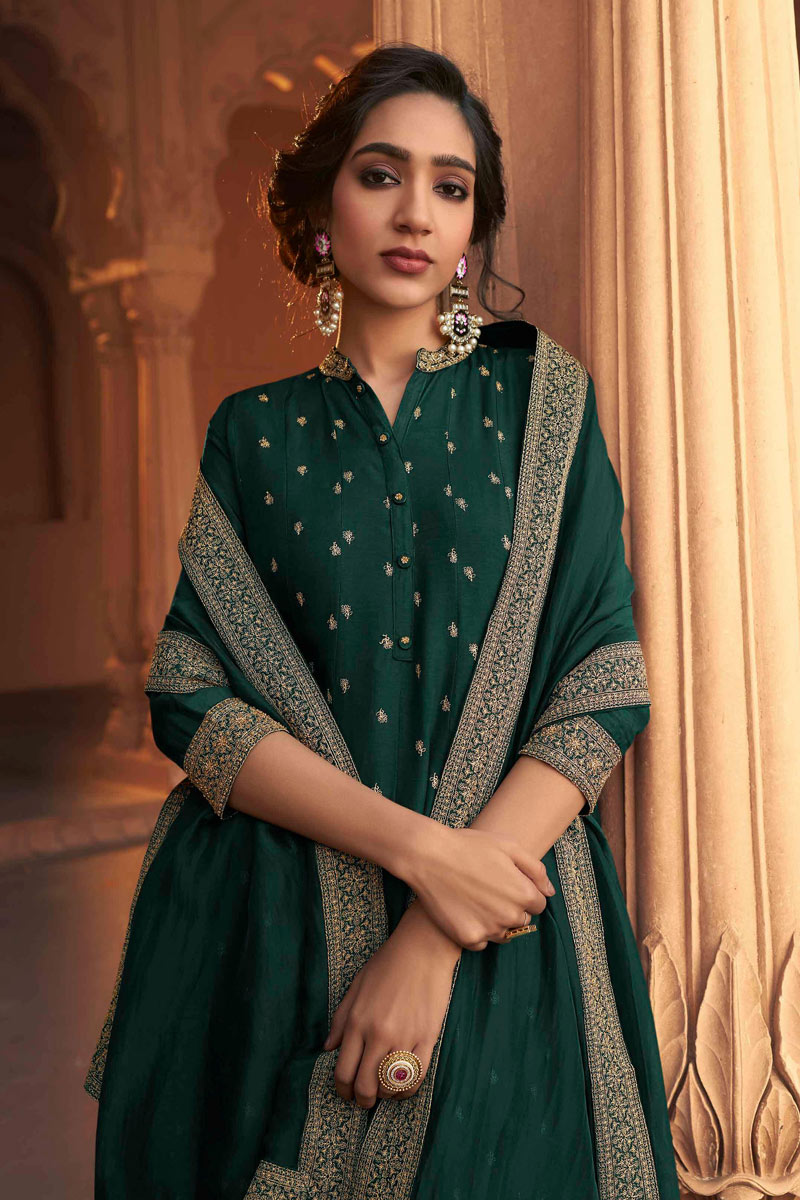 bottle green anarkali dress Bottle Green Anarkali Gown with Luxurious Embroidery Work for Festive Occasions, M main image 1