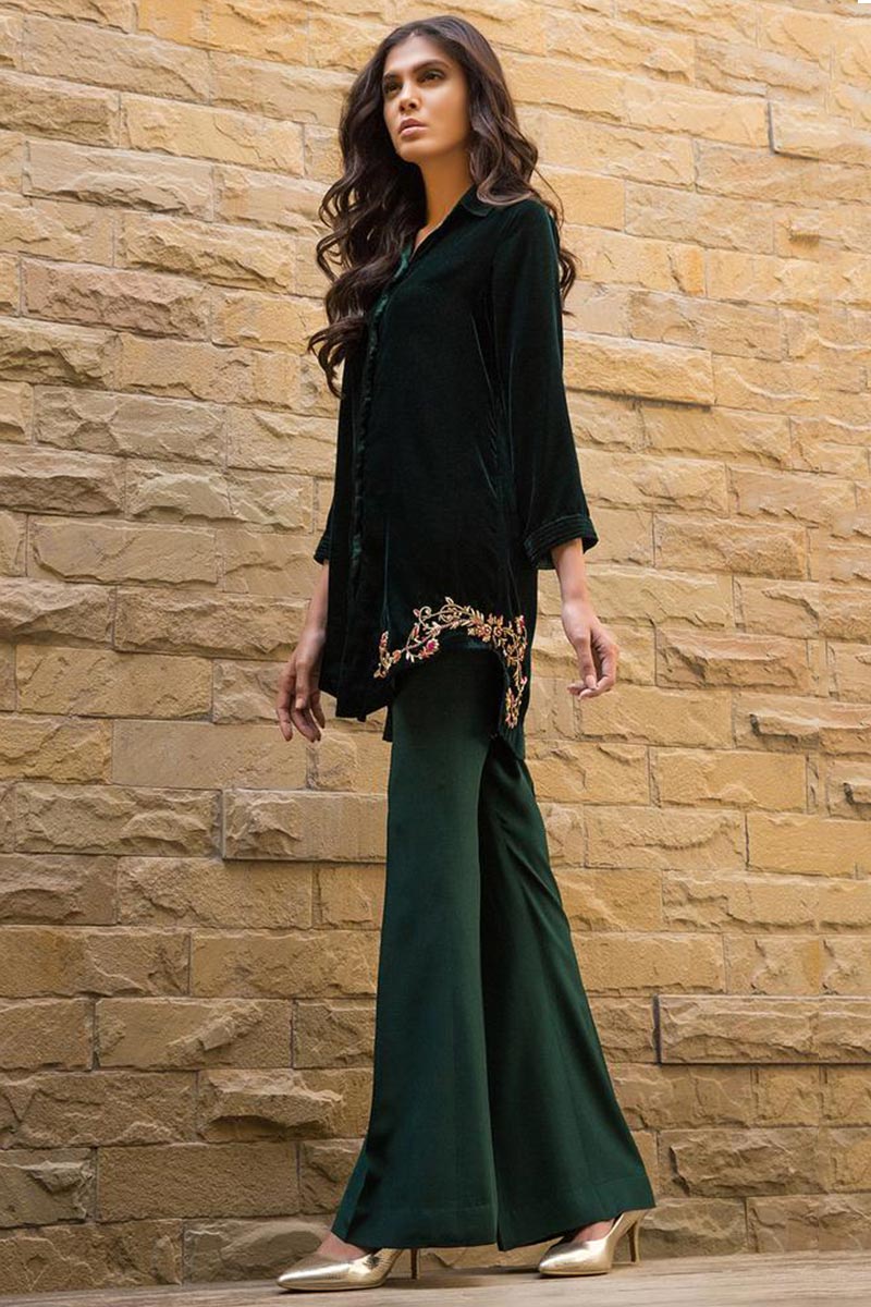 Evening Wear Stone Work Embroidered Bottle Green Trouser Suit