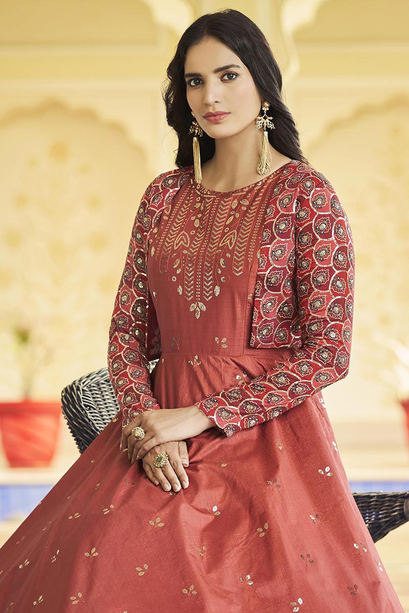 Brick Red Cotton Embroidered Anarkali Gown with Jacket LSTV119221