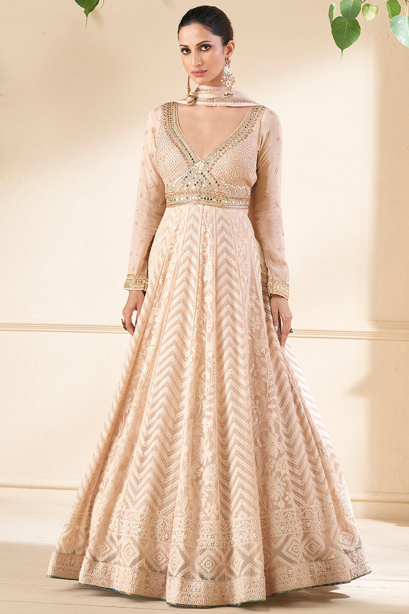 Bridesmaid Wear Cream Embroidered Georgette Anarkali Suit LSTV124558