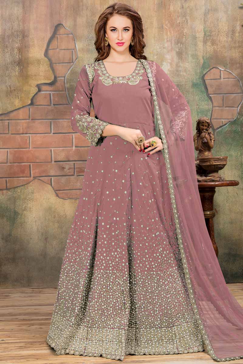 Silk Anarkali Suit In Rosy Brown Color