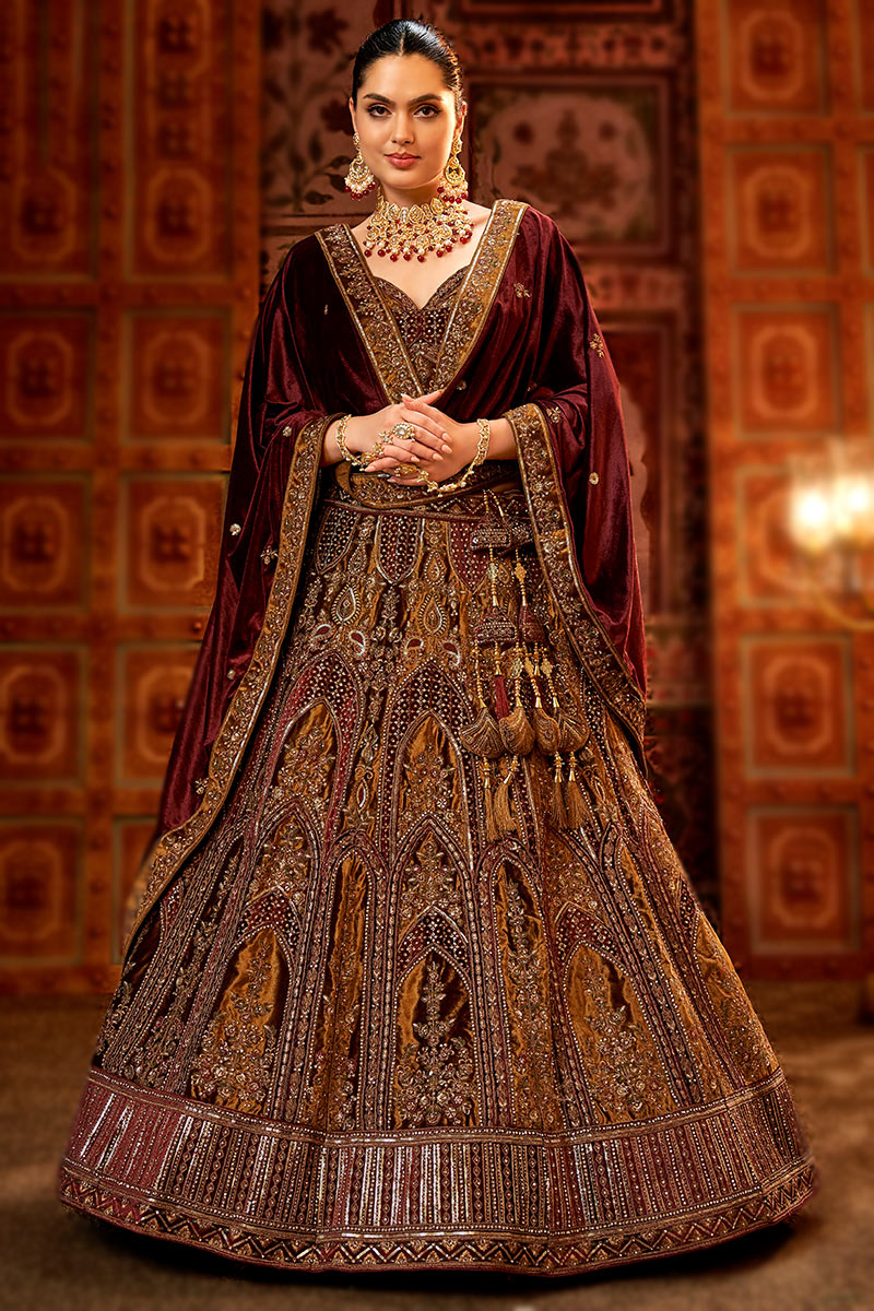 Brown Embroidered Velvet Lehenga For Engagement LLCV117435