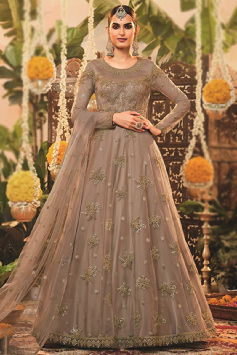 Buy Navratri Dress Net Brown Anarkali Suit LSTV117375