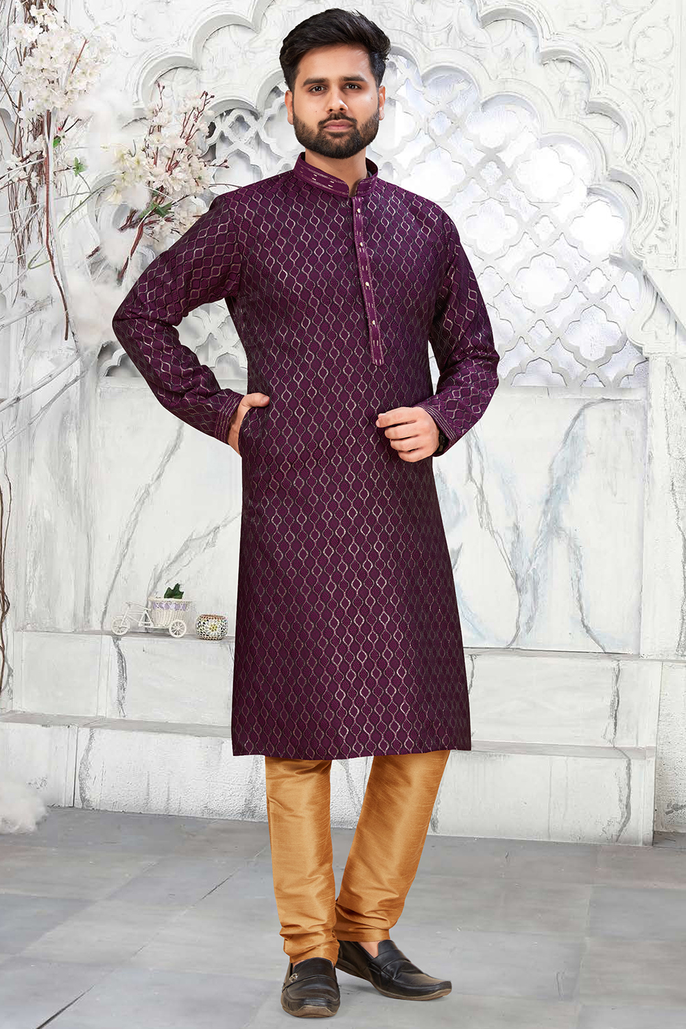 Burgundy Maroon Art Silk Men's Kurta Pajama With Weaved Work