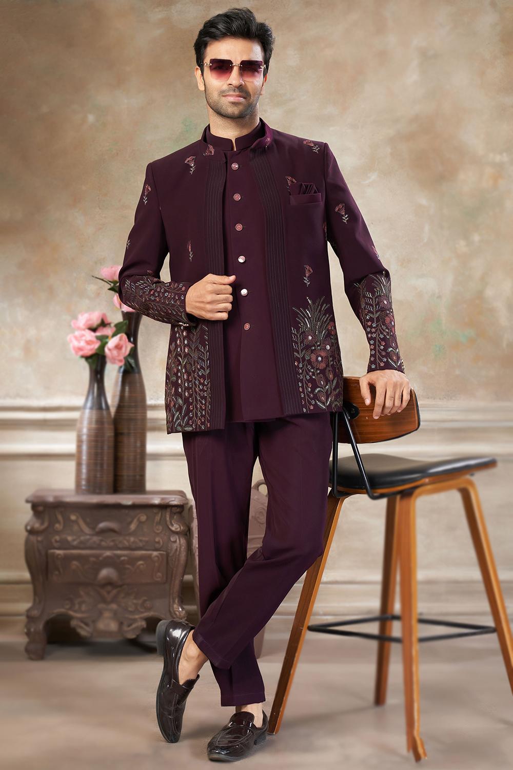 burgundy dress men Maroon Art Silk Men's Sherwani With Embroidered Jacket burgundy shirt