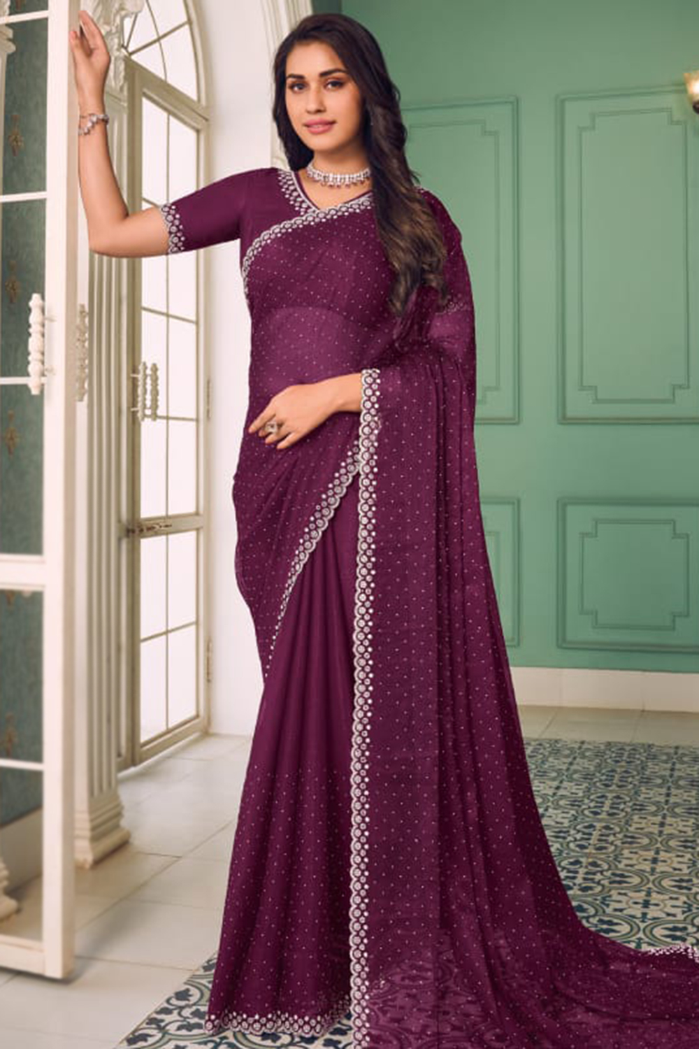 Burgundy Maroon Chiffon Stone Embellished Light Weight Saree