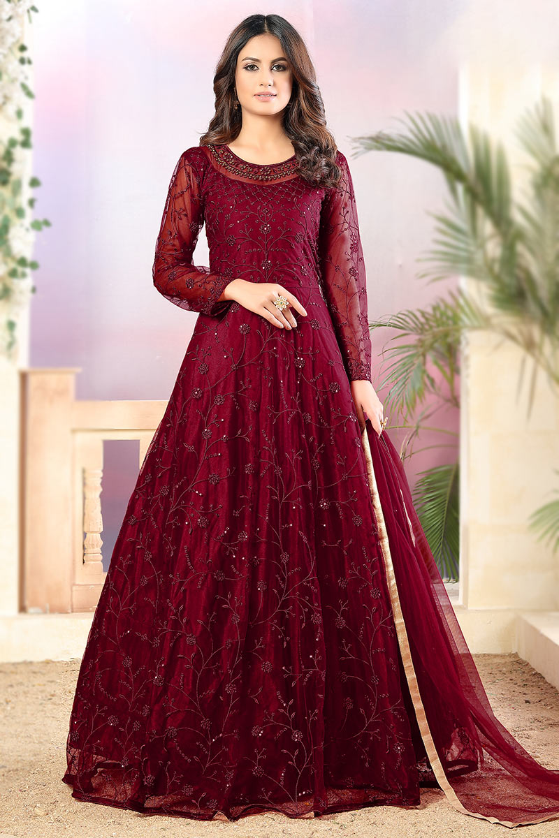 Burgundy Maroon Net Embroidered Eid Anarkali Suit