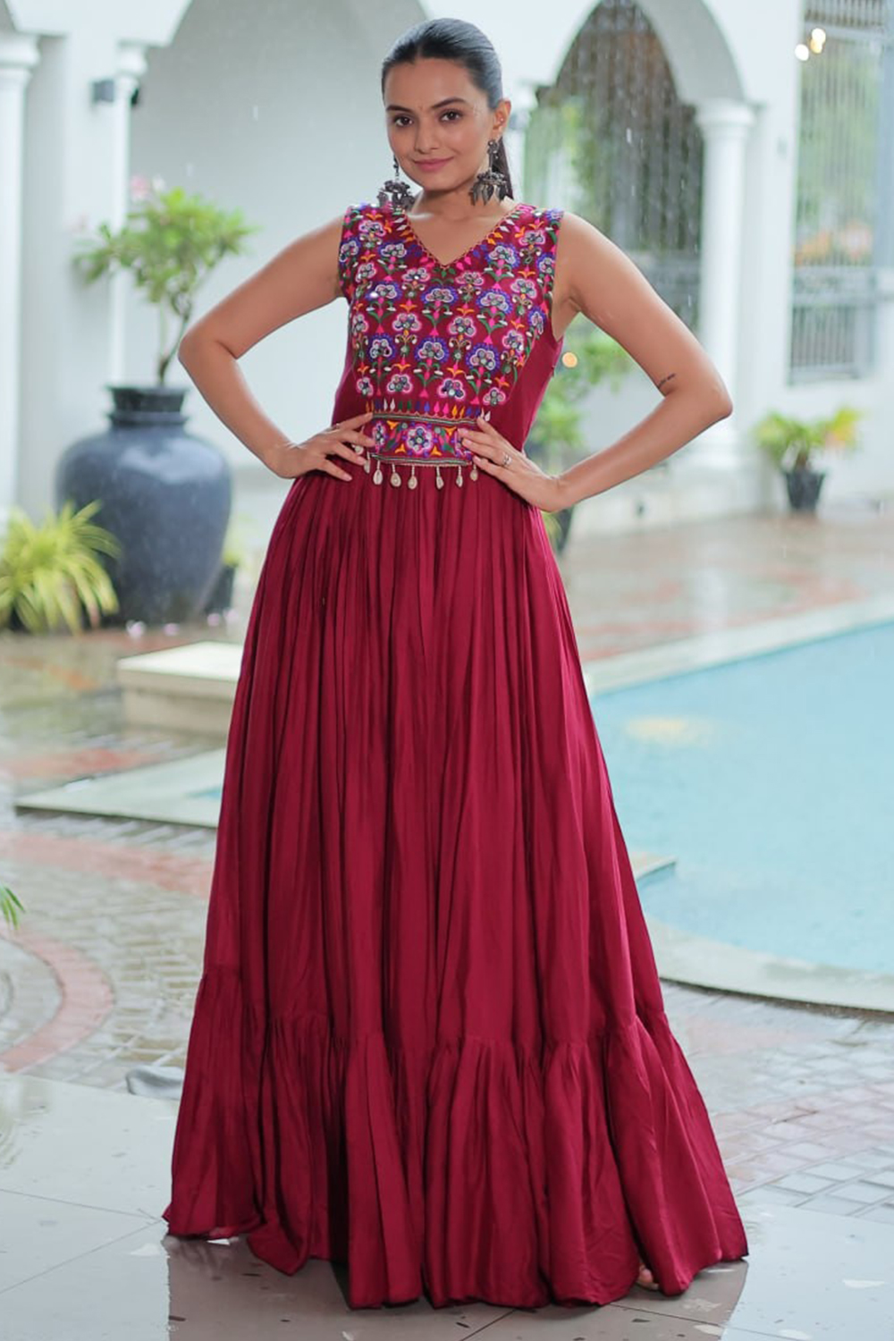 Andaaz Fashion Women's Burgundy Maroon Rayon A-Line Gown with Mirror Work Andaaz Fashion Women's Burgundy Maroon Rayon A-Line Gown with Mirror Work