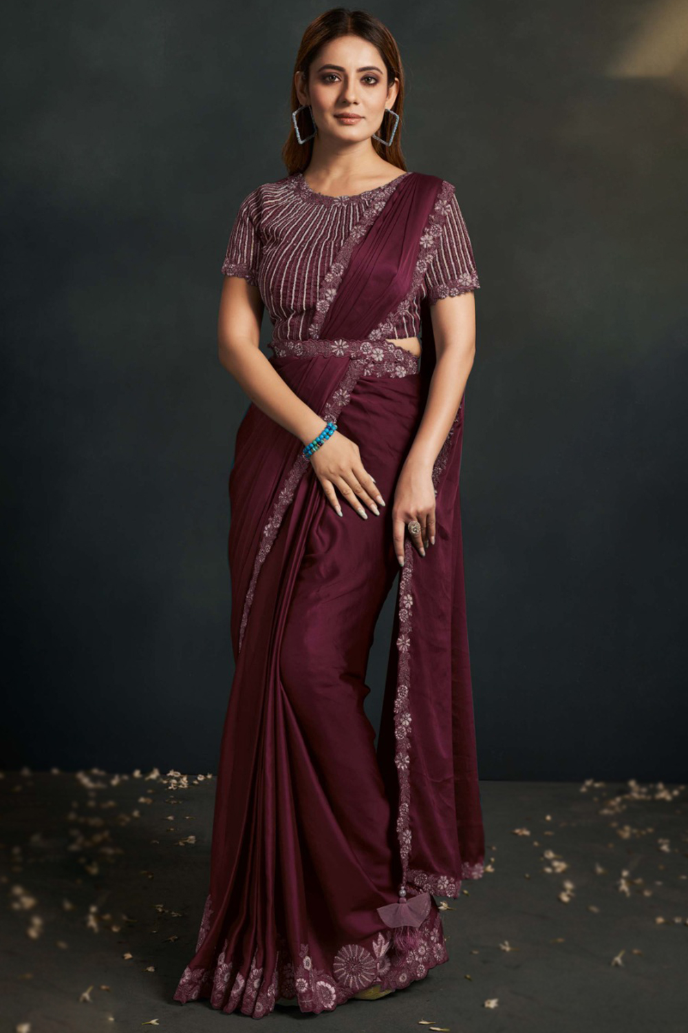 Burgundy Maroon Satin Embroidered Light Weight Readymade Saree