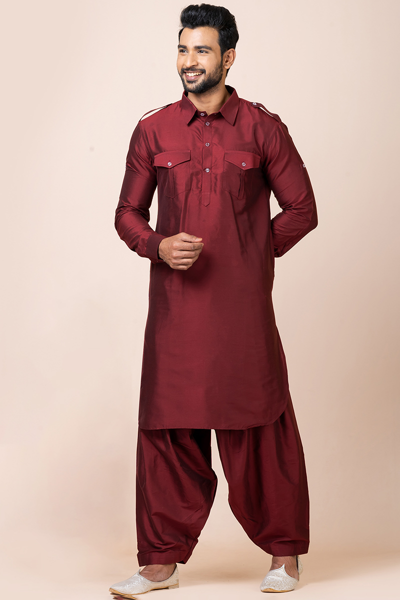 Burgundy Maroon Silk Straight Cut Pathani Men's Kurta With Salwar