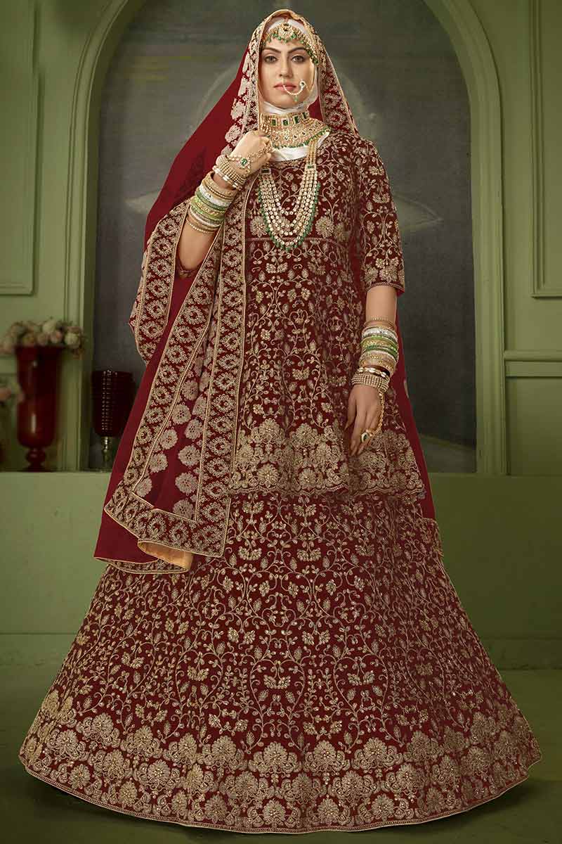 Wedding Special Maroon Soft order Velvet Lehenga Choli For Women USA | Designer Indian Lehenga With Embroidery and Diamond Work | Bridal Lehenga.