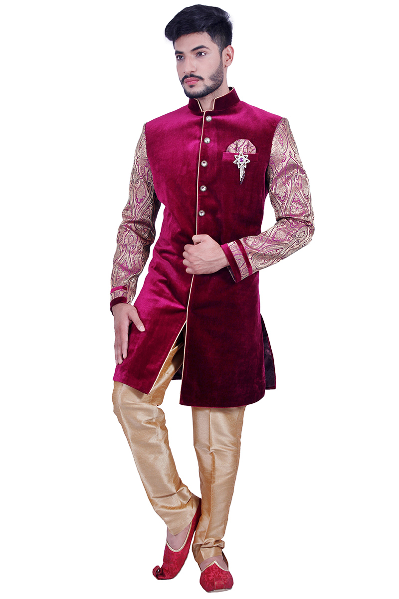 Fashion Blouses Men Sherwani in Burgundy Maroon Fabric MSTV02518