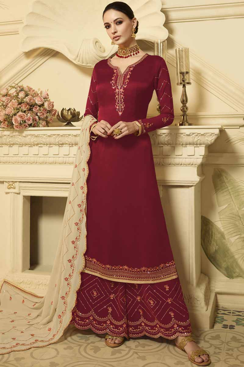 Burgundy Red Georgette Palazzo Pant Suit