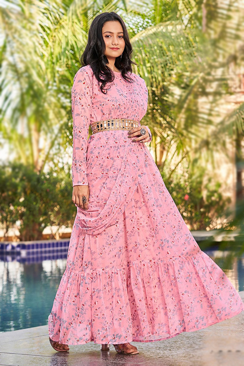 Buy Gorgeous Floral Print Georgette Pink Gown LSTV123675