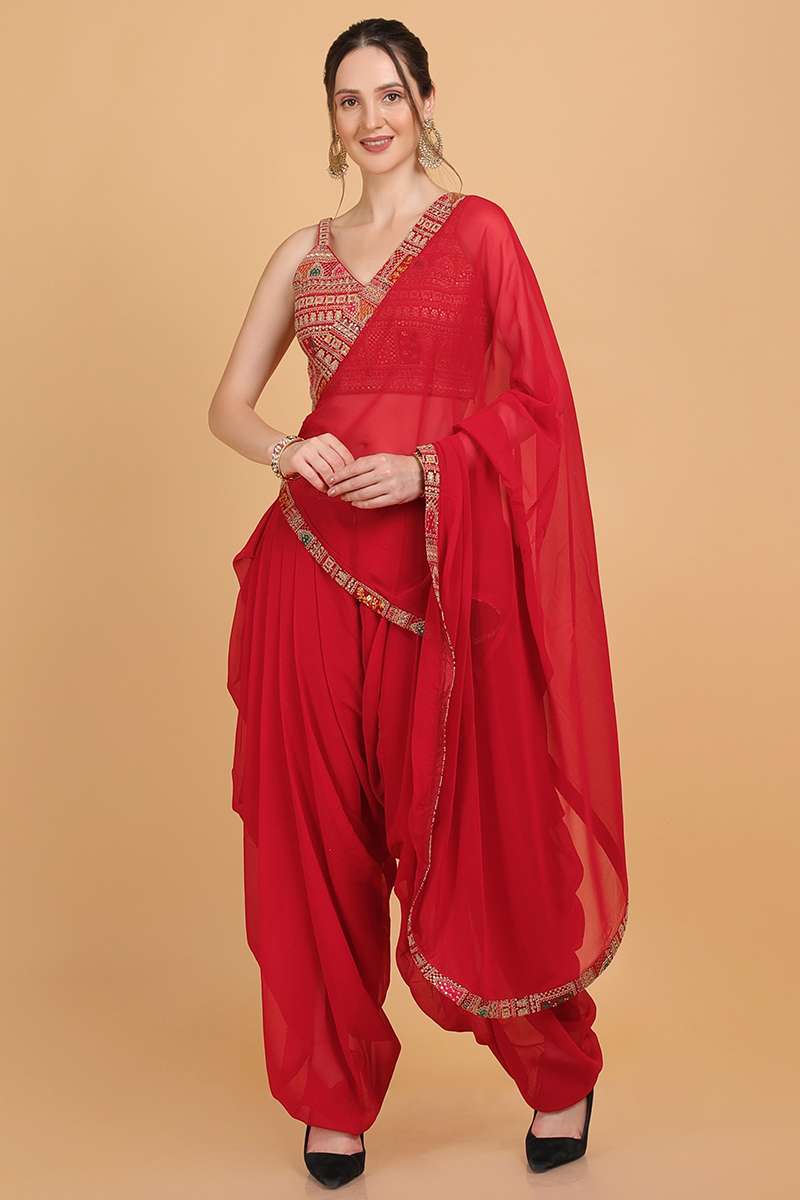 Chilly Red Embellished Wedding Dhoti Pants With Top
