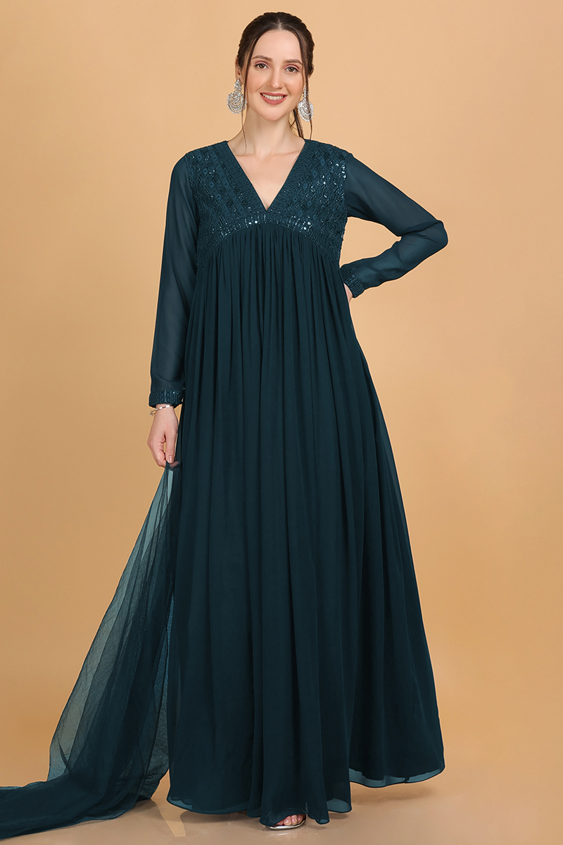 Andaaz Fashion Women's Dark Teal Green Georgette Embroidered Flared Style Gown With Hijab for Wedding & Party
