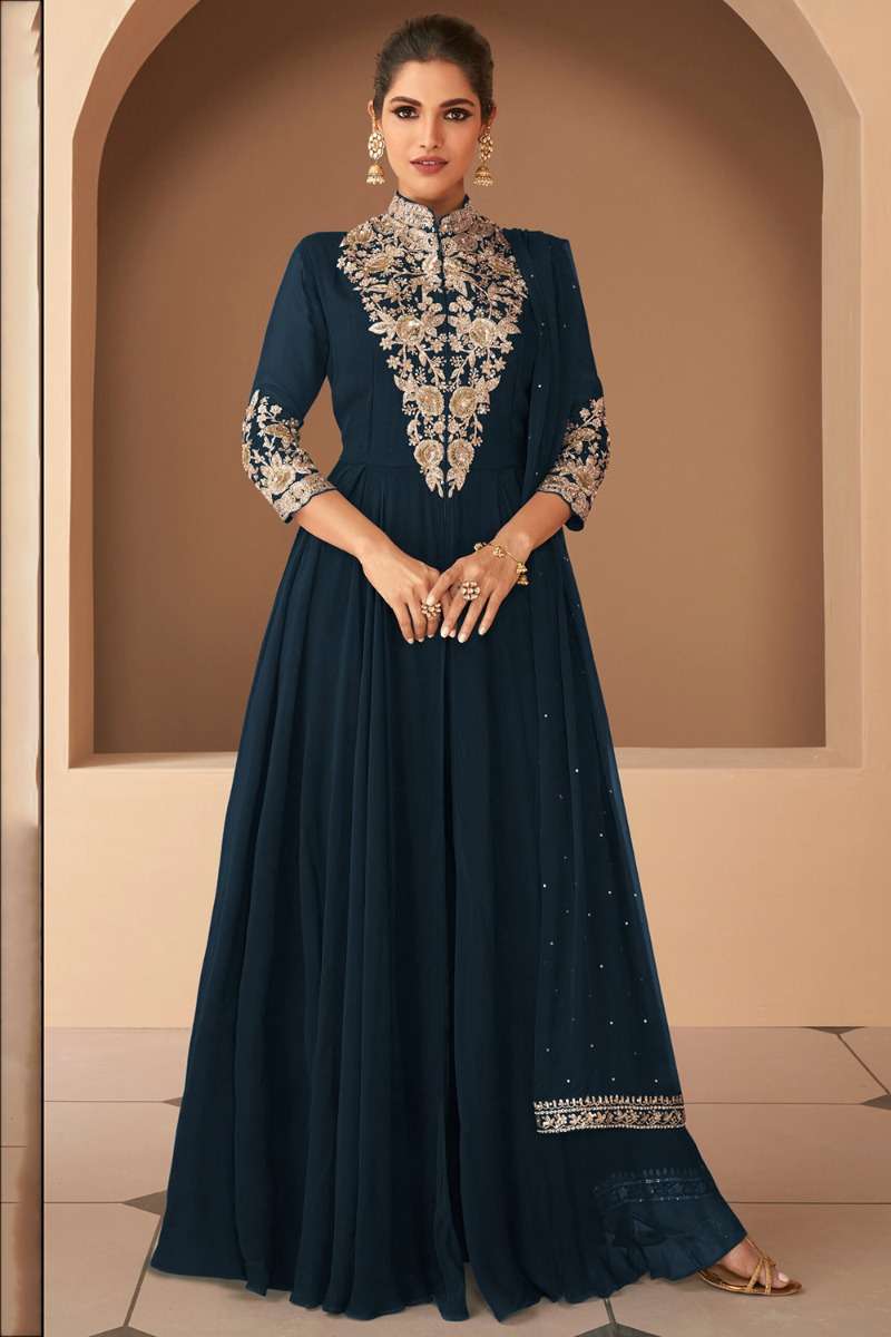 Georgette Dark Navy Blue Embroidered Anarkali Suit