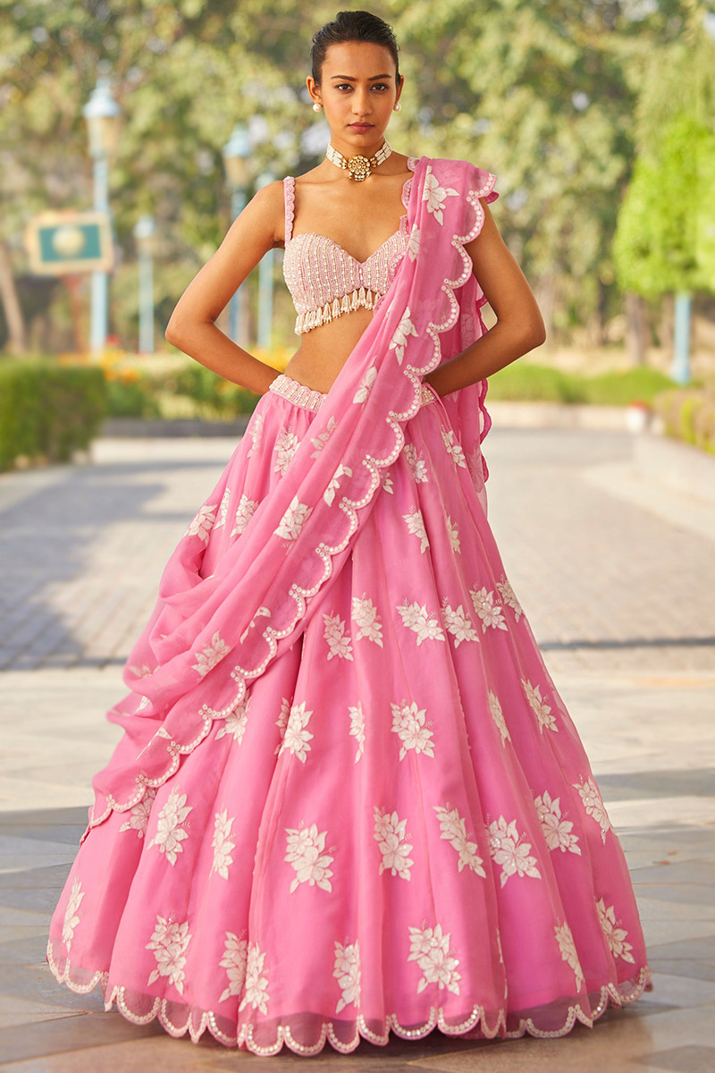 Carnation Pink Patch Embroidered Organza Party Wear Lehenga LLCV118808