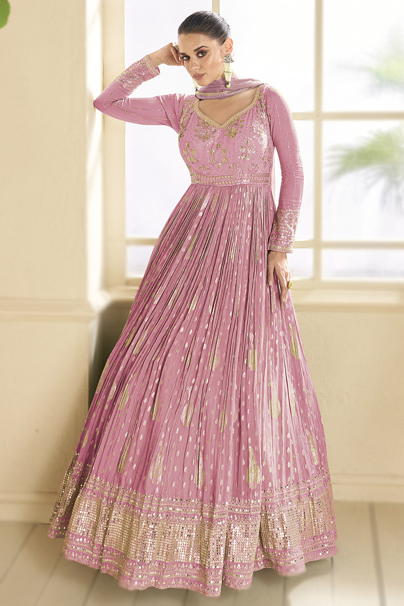 Carnation Pink Sequins Embroidered Viscose Anarkali Suit LSTV129729