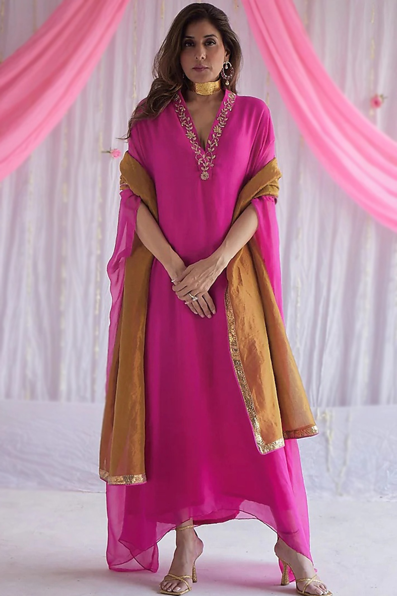 Cerise Pink Dabka Embroidered Chiffon A Line Palazzo Suit LSTV129707