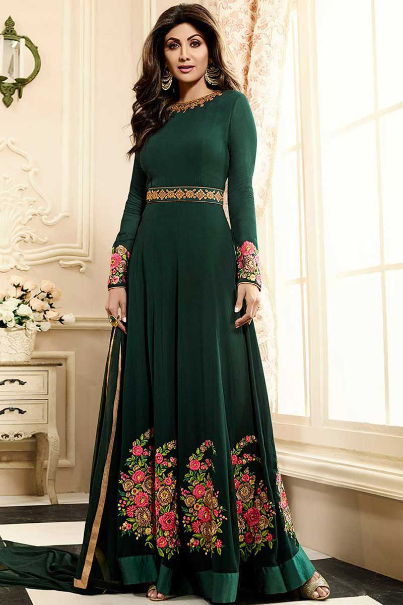 Designer Shlipa Shetty Green Silk Anarkali Suit Dmv14798