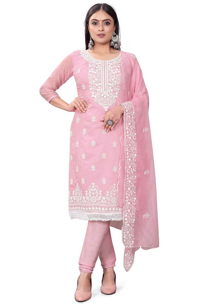 Fashion Guide Chanderi Cotton Pastel Pink Embroidered Churidar