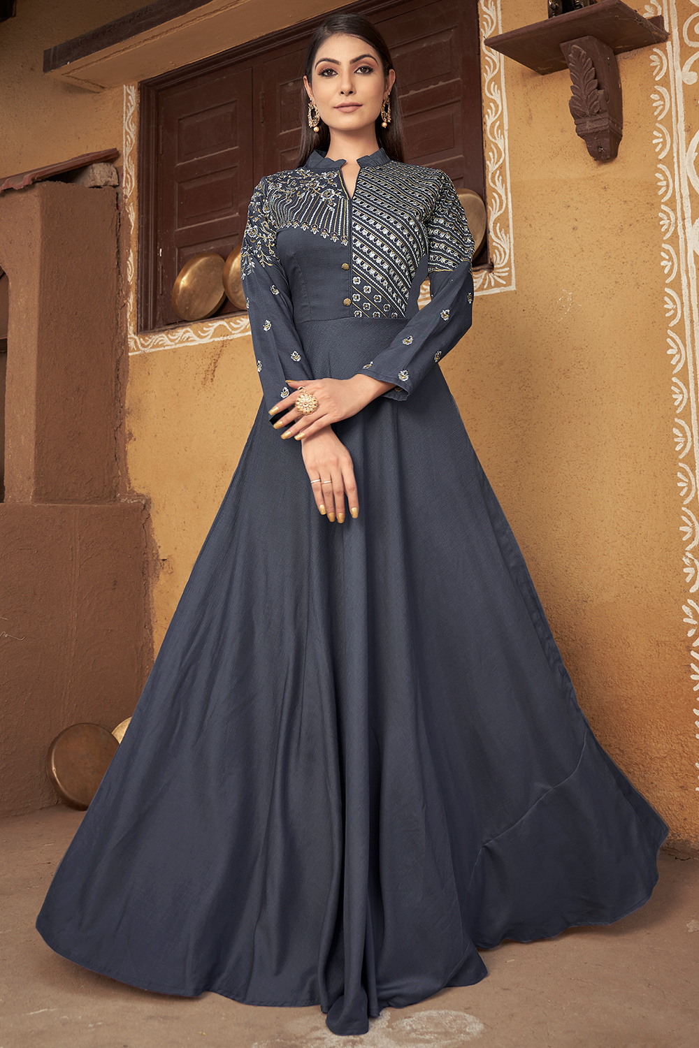Charcoal Grey Cotton Silk Embroidered Ready to Wear A Line Gown