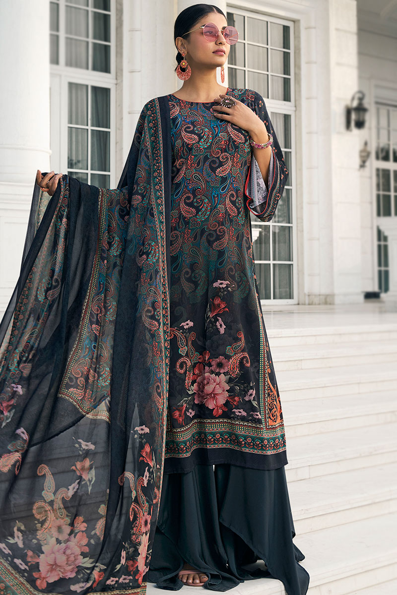 New Stylist Charcoal Grey Crepe Printed Palazzo Suit LSTV122928