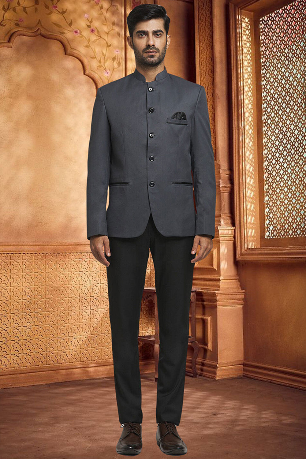 Charcoal Grey Plain Rayon Jodhpuri Style Men's Coat Pant MSTV04152
