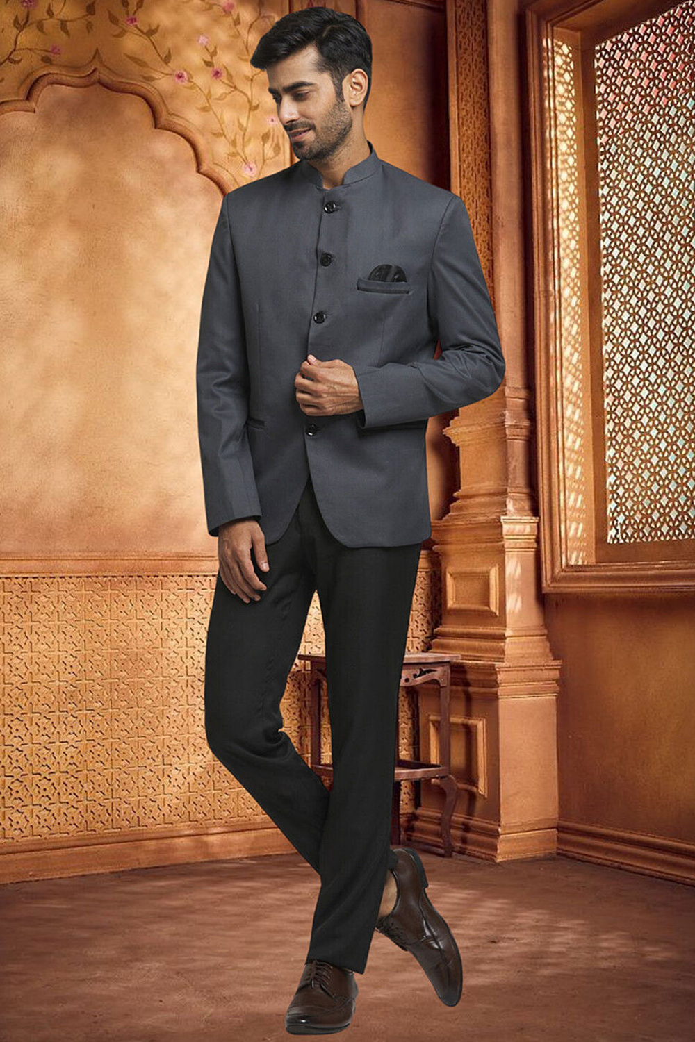 Charcoal Grey Plain Rayon Jodhpuri Style Men's Coat Pant MSTV04152