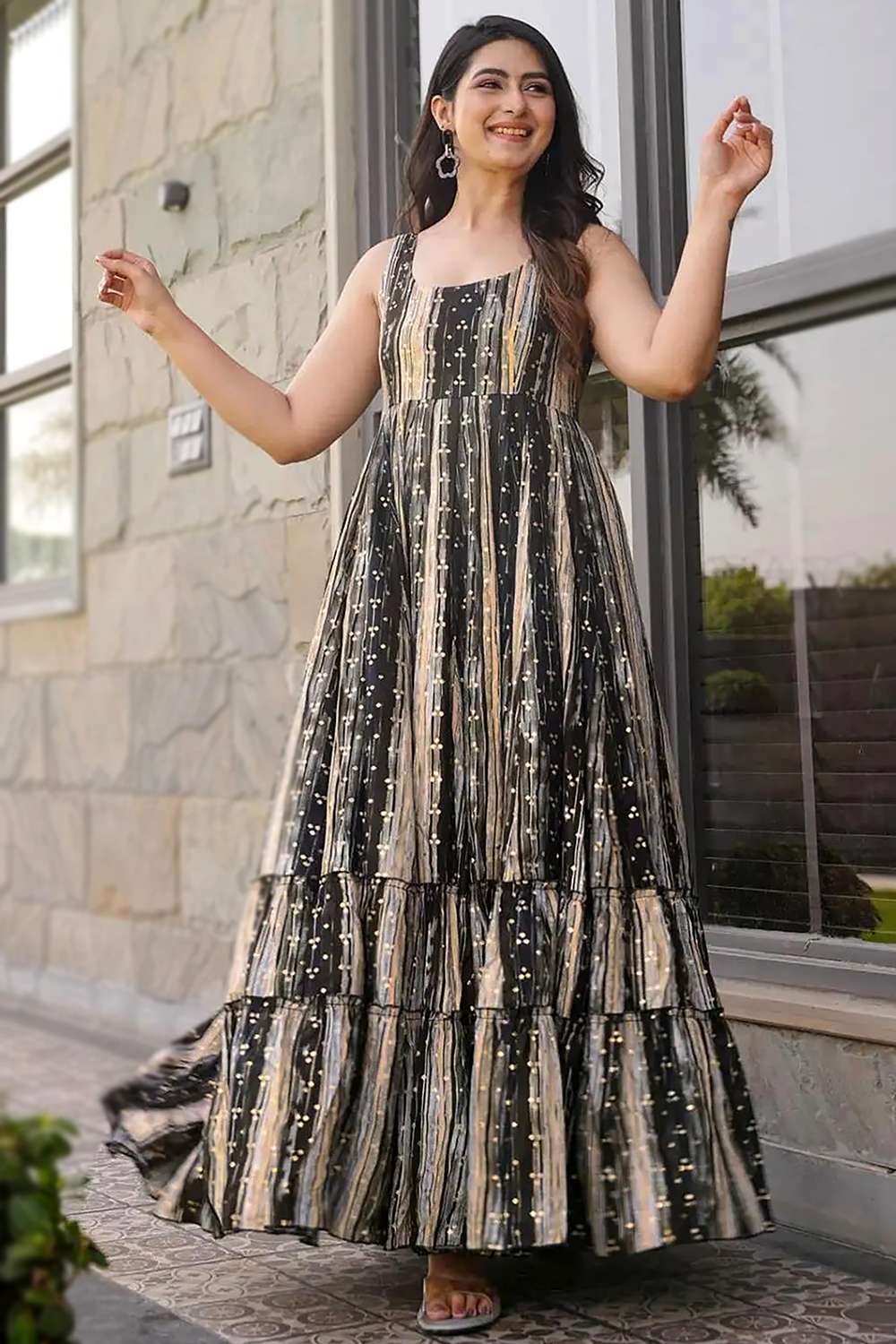 Andaaz Fashion Women's Charcoal Grey Rayon Ready Made Printed Casual Wear Gown