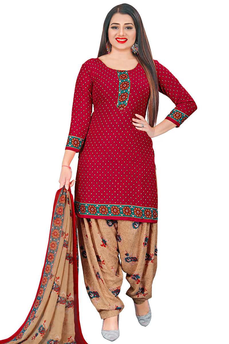 Cherry Red Cotton Prrinted Patiala Suit