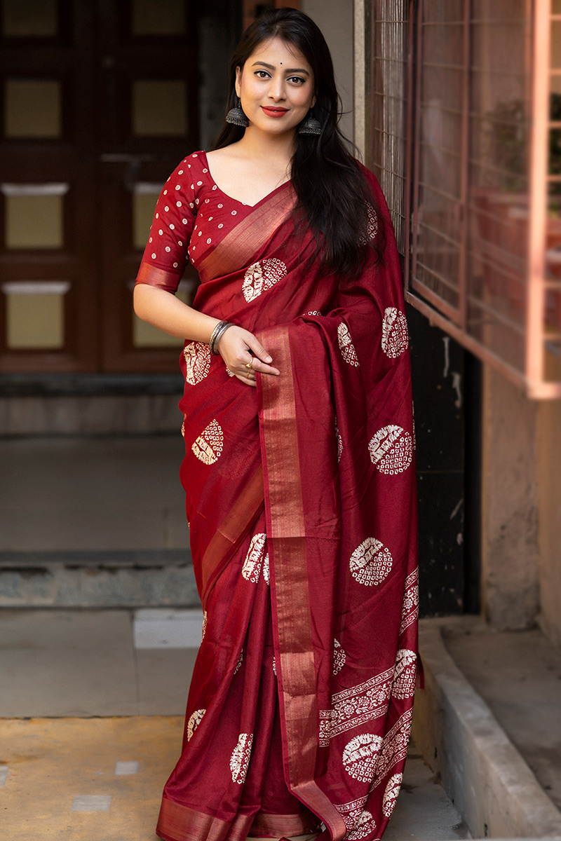 Cherry Red Cotton Silk Batik Print Casual Wear Saree SARV176307