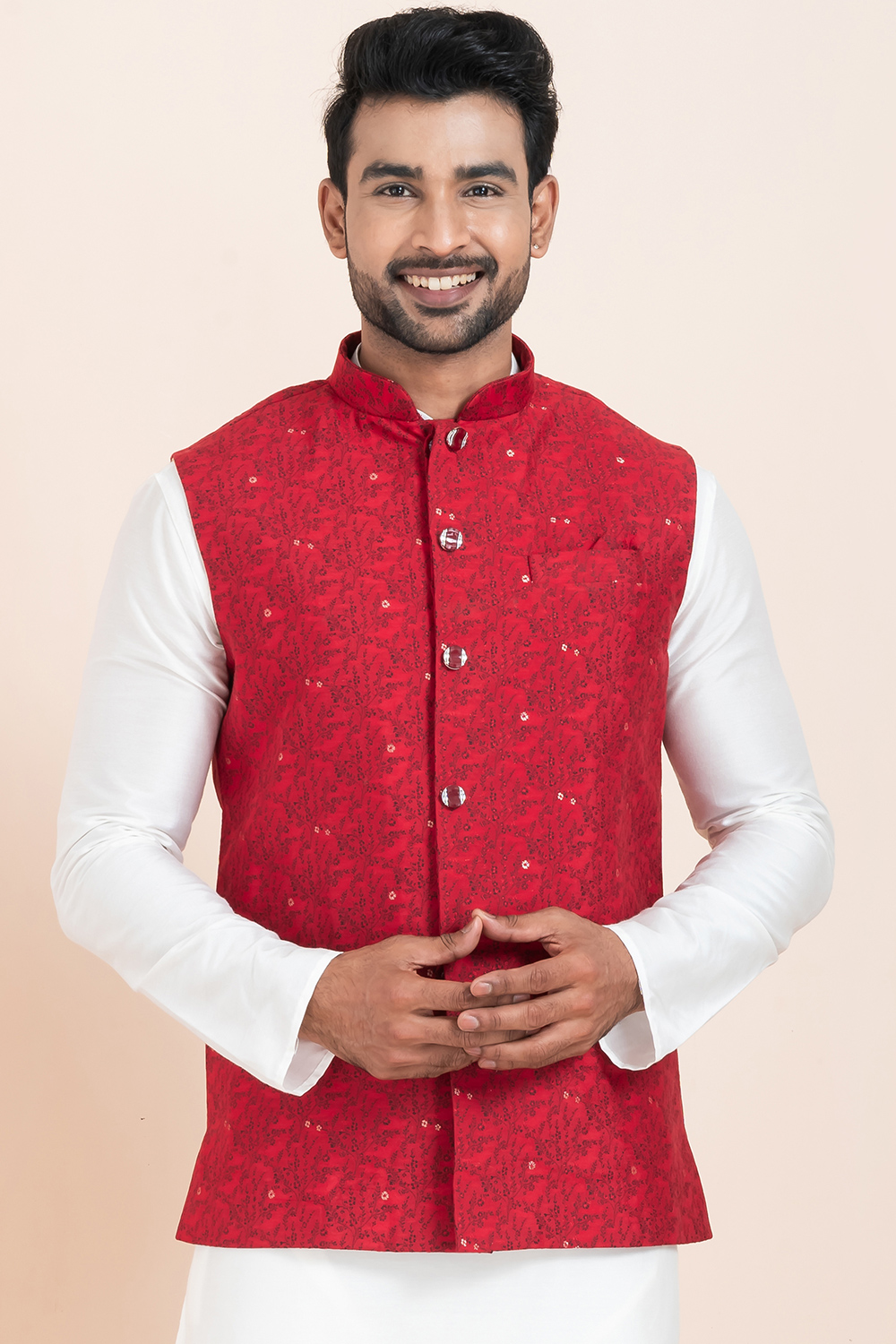 Cherry Red Cotton Silk Printed Waistcoat For Men MWCV0498