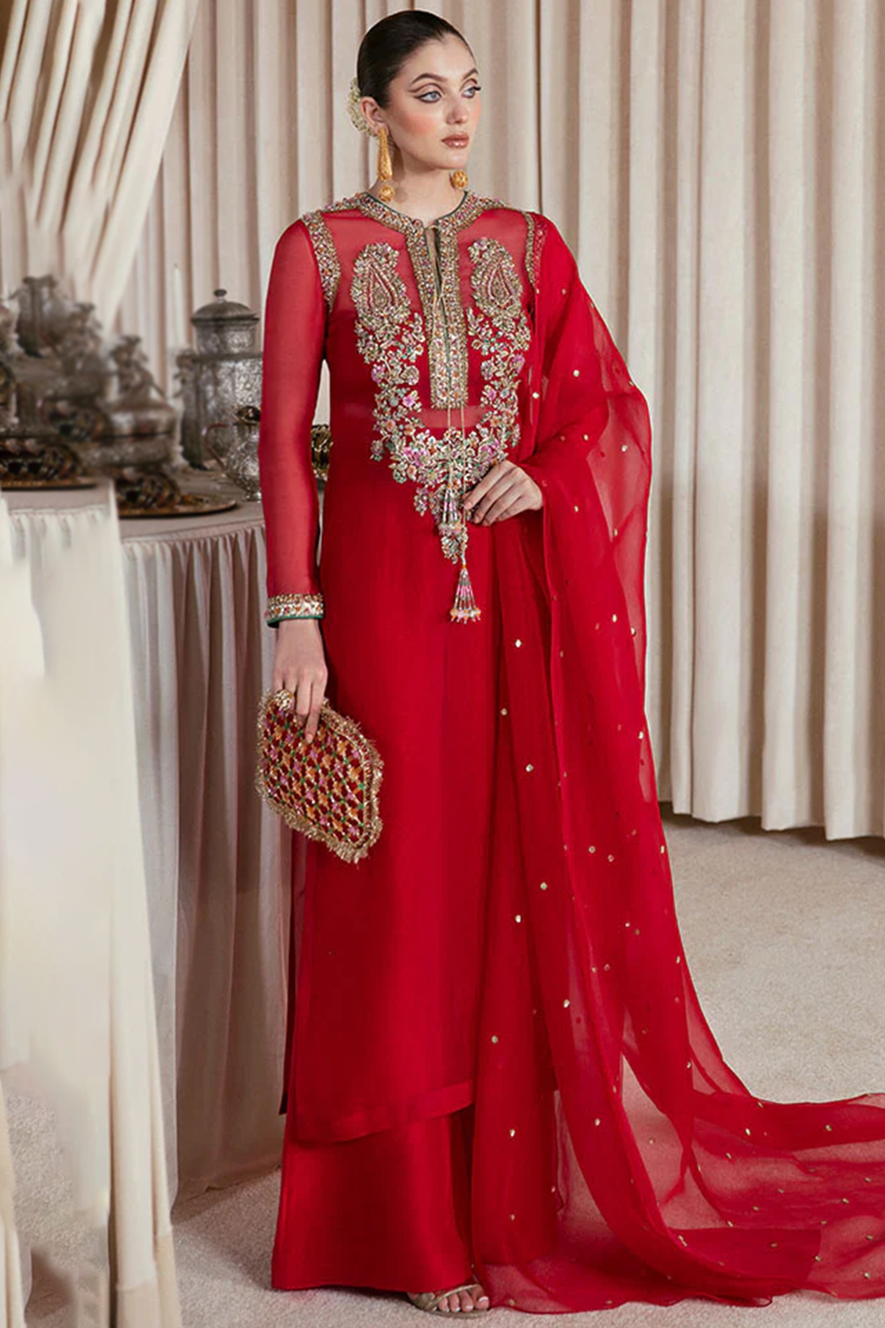 Cherry Red Dabka Embroidered Organza Palazzo Suit For Wedding LSTV130386