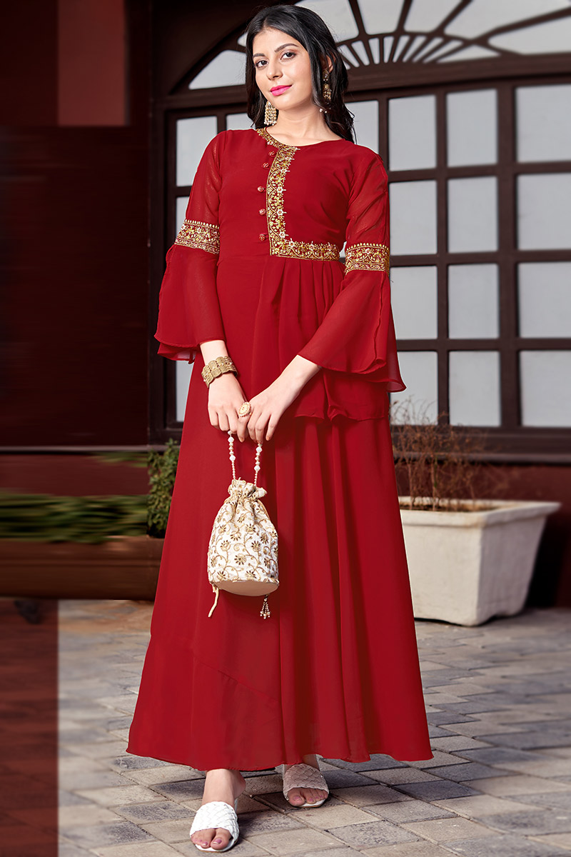 Fashion Stylist Cherry Red Kurti with Thread Work LKV00837