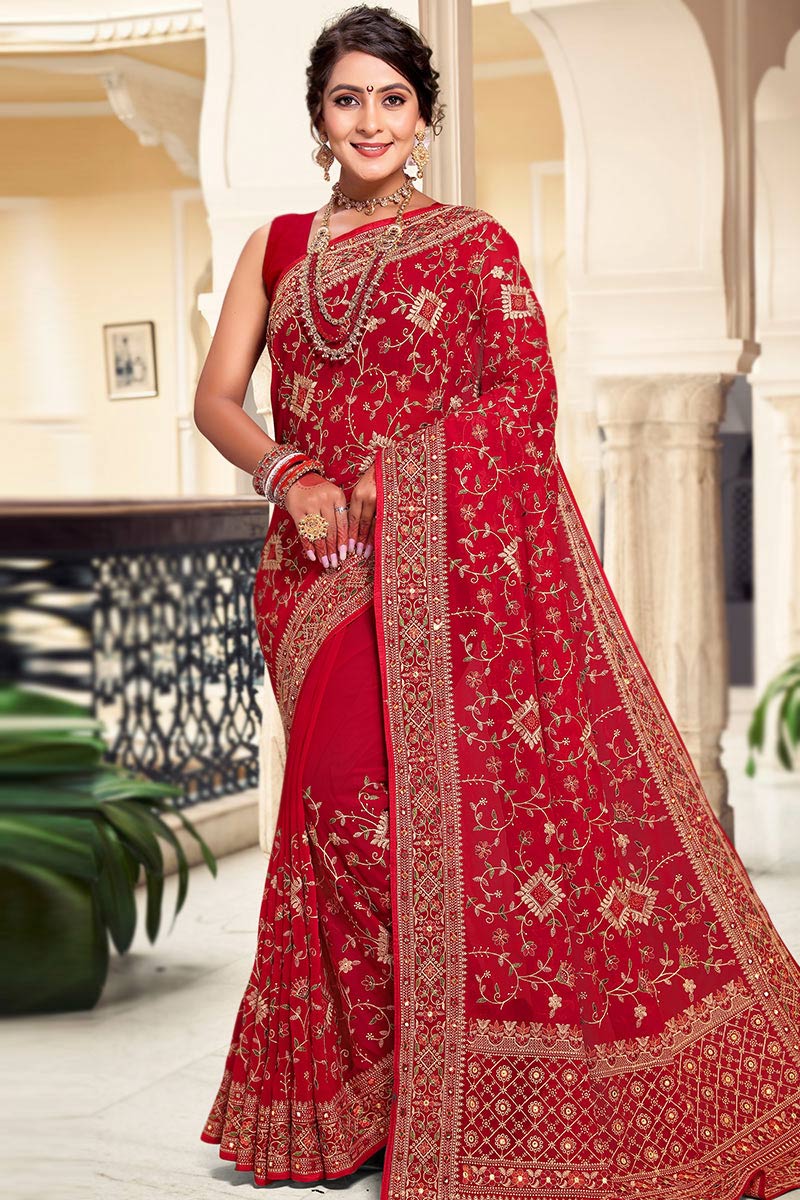 Cherry Red Georgette Embroidered Wedding Wear Saree SARV171041