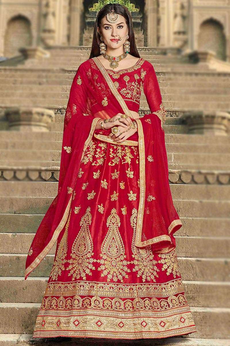 Cherry Red Net Floor Length Lehenga