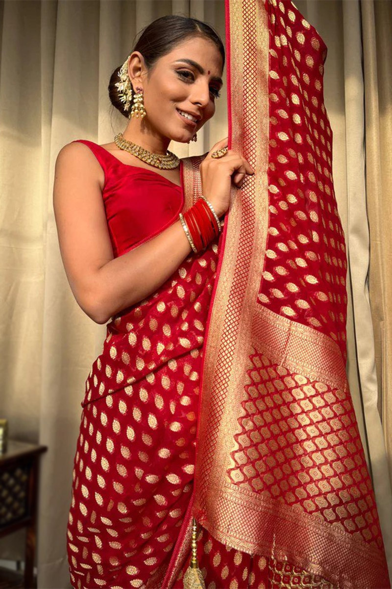 Cherry Red Organza Silk Woven Zari Light Weight Saree SARV173888