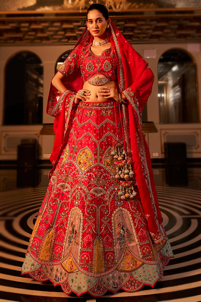 Cherry colour bridal lehenga hotsell